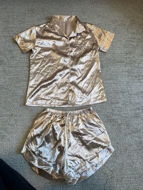 SHEIN Champagne Satin Short Sleeve Button PJ Set
